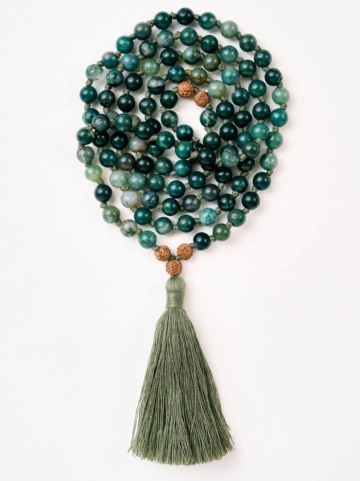 Mala Bead Necklace - Green Moss Agate