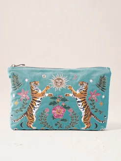 Velvet Everyday Pouch - Dusky Teal Celestial Tigers