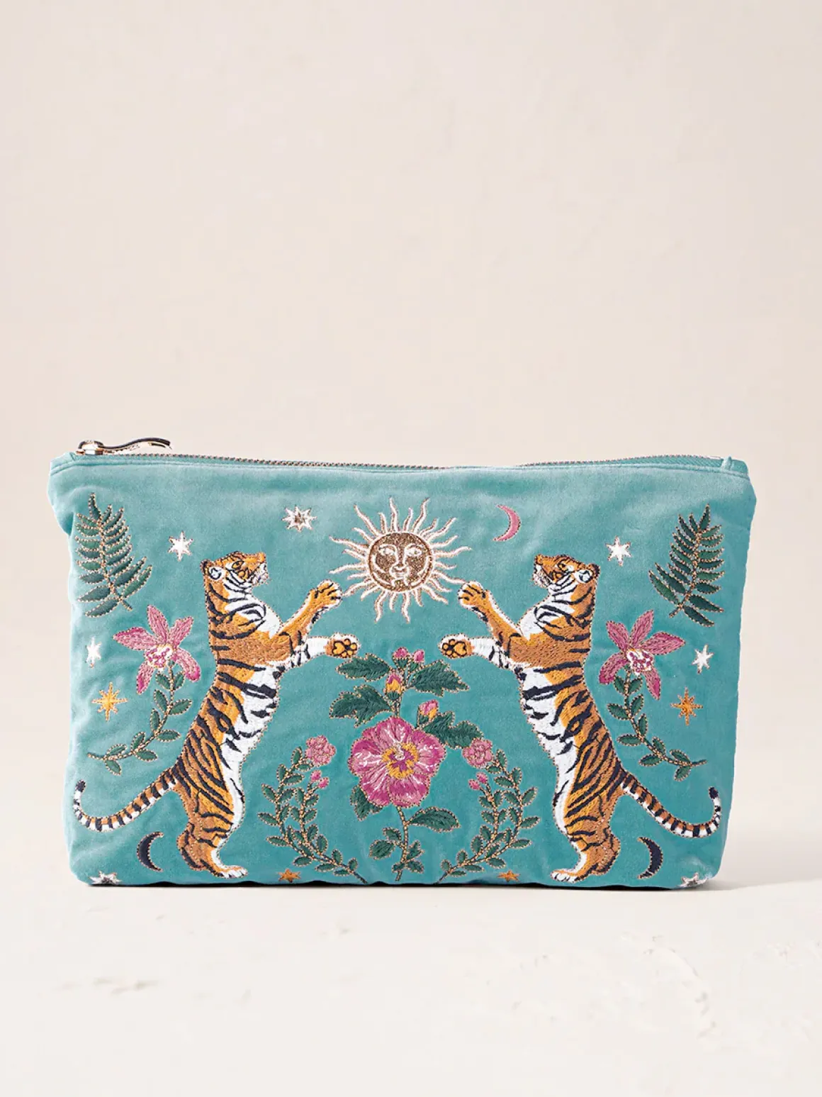 Velvet Everyday Pouch - Dusky Teal Celestial Tigers